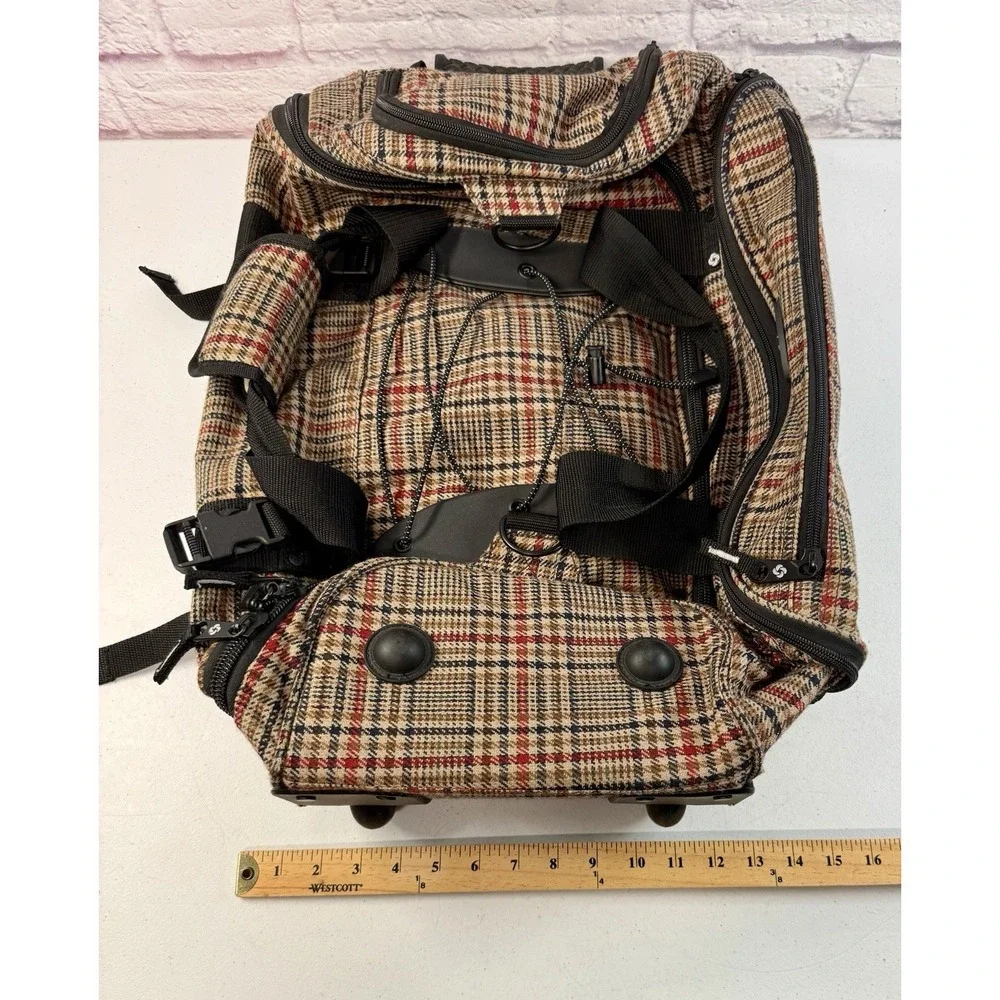 Vintage Samsonite Rolling Duffel Bag Carry On Woven Plaid Herringbone Wheels 24